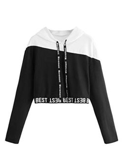 Women's Letter Print Color Block Long Sleeve Crop Top Hoodies Pullover Sweatshirt