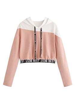 Women's Letter Print Color Block Long Sleeve Crop Top Hoodies Pullover Sweatshirt