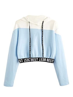 Women's Letter Print Color Block Long Sleeve Crop Top Hoodies Pullover Sweatshirt