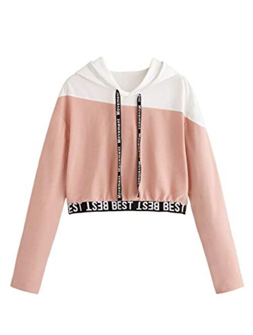 SweatyRocks Women's Letter Print Color Block Long Sleeve Crop Top Hoodies Pullover Sweatshirt