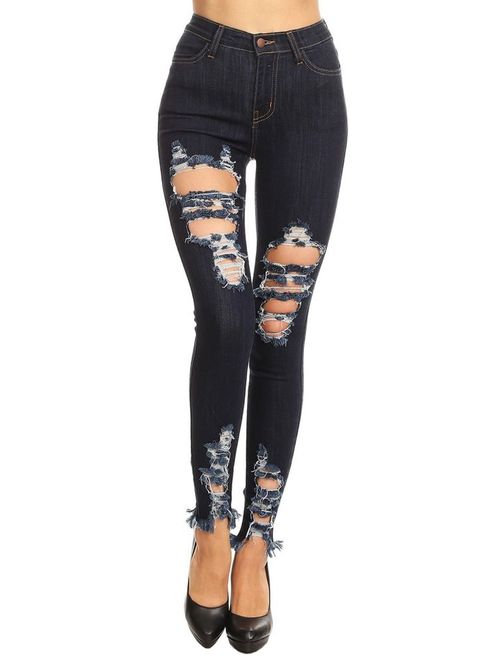 Vibrant Women's Juniors High Rise Jeans w Heavy Distressing