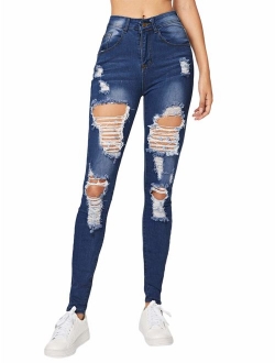 Women's Casual Mid Waist Skinny Ripped Jeans Denim Pants