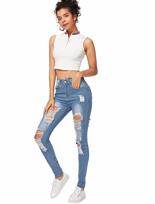 Milumia Women's Casual Mid Waist Skinny Ripped Jeans Denim Pants