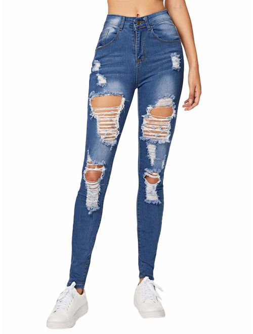 Milumia Women's Casual Mid Waist Skinny Ripped Jeans Denim Pants