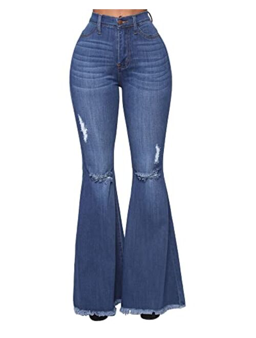 Women's Fashion Bell Bottom Pants High Waist Tassel Stretch Curvy Fit Jeans Blue