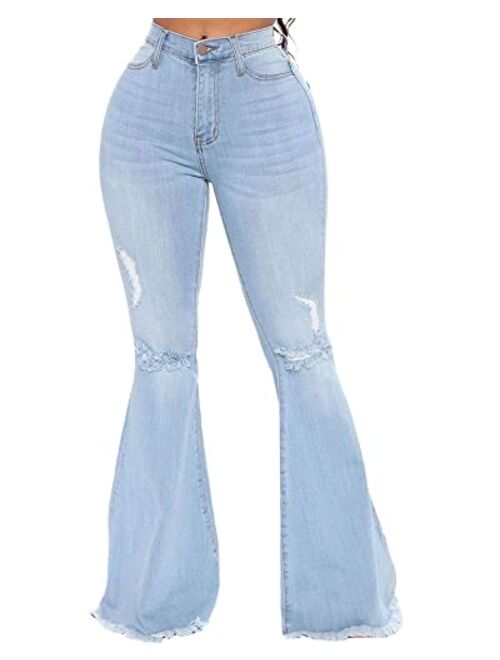 Women's Fashion Bell Bottom Pants High Waist Tassel Stretch Curvy Fit Jeans Blue