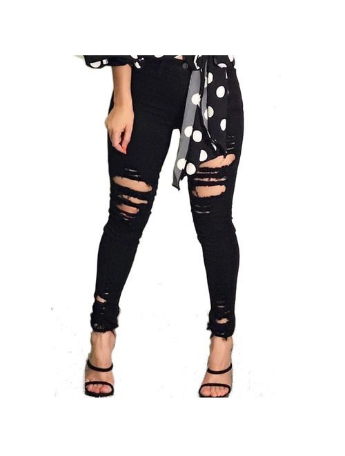 VICVIK Women High Waist Knee Skinny Distressed Ripped Boyfriend Jeans Denim Pants