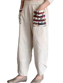 Minibee Women's Baggy Linen Wide Leg Trousers Casual Patchwork Elastic Waist Harem Pants