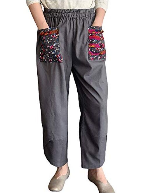 Minibee Women's Baggy Linen Wide Leg Trousers Casual Patchwork Elastic Waist Harem Pants