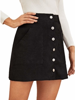 Women's Cute Mini Corduroy Button Down Pocket Skirt with Belt