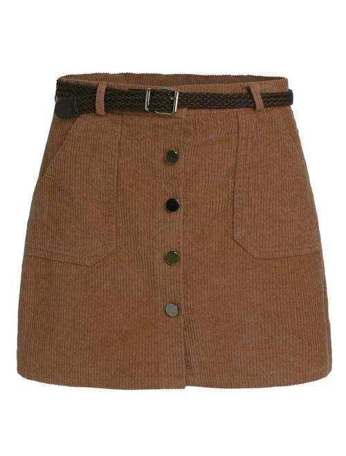 Romwe Women's Cute Mini Corduroy Button Down Pocket Skirt with Belt