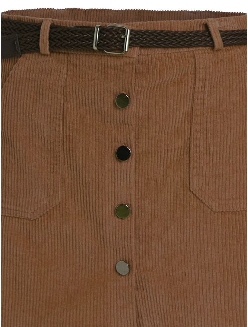 Romwe Women's Cute Mini Corduroy Button Down Pocket Skirt with Belt