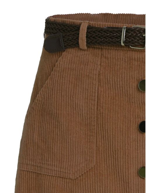 Romwe Women's Cute Mini Corduroy Button Down Pocket Skirt with Belt