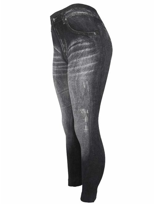 CLOYA Women's Denim Print Fake Jeans or Solid Colors Seamless Full Length Leggings for All Seasons.