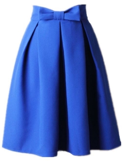 Women's A Line Pleated Vintage Skirt High Waist Midi Skater with Bow Tie