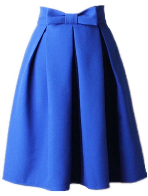 Women's A Line Pleated Vintage Skirt High Waist Midi Skater with Bow Tie