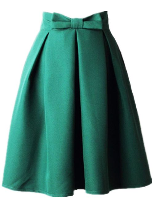 Women's A Line Pleated Vintage Skirt High Waist Midi Skater with Bow Tie