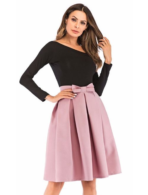 Women's A Line Pleated Vintage Skirt High Waist Midi Skater with Bow Tie