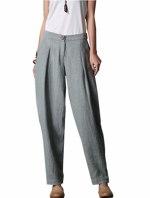 Minibee Women's Casual Linen Pants Elastic Waist Tapered Pants Trousers With Pockets