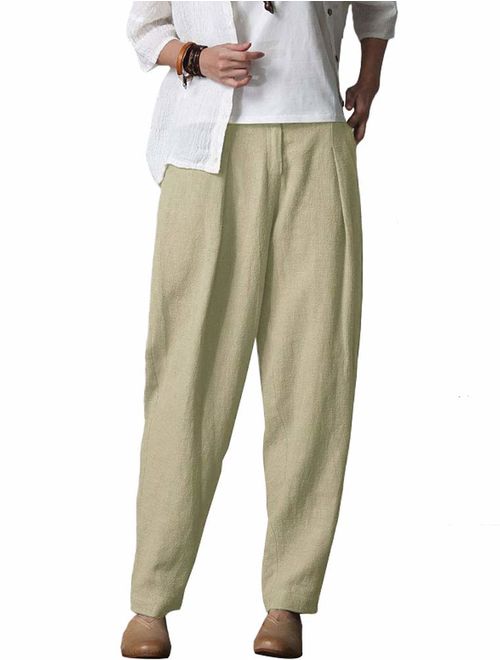 Minibee Women's Casual Linen Pants Elastic Waist Tapered Pants Trousers With Pockets