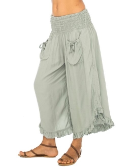 Back From Bali Womens Cropped Wide Leg Pants Trouser Comfort Solid Elastic Waist