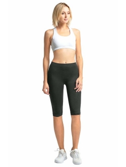 MOPAS Leggings - Women's Ribbed Waistband Knee Length Plain Leggings