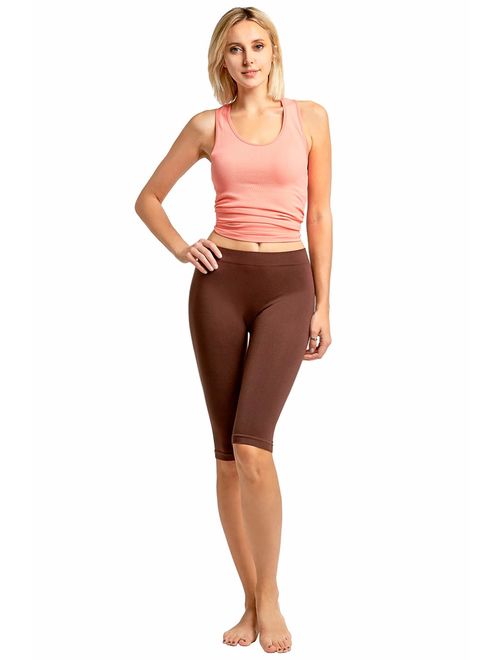 MOPAS Leggings - Women's Ribbed Waistband Knee Length Plain Leggings