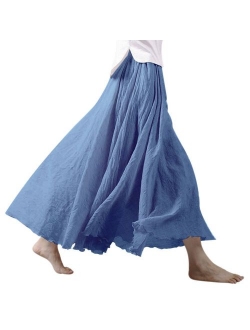 Ezcosplay Women Bohemian Cotton Linen Double Layer Elastic Waist Long Maxi Skirt