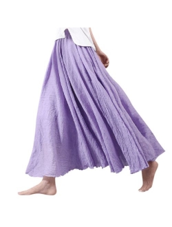 Ezcosplay Women Bohemian Cotton Linen Double Layer Elastic Waist Long Maxi Skirt