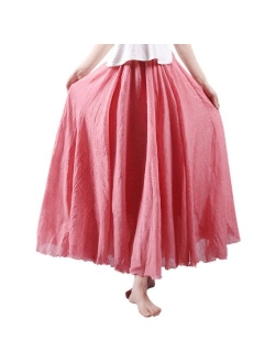 Ezcosplay Women Bohemian Cotton Linen Double Layer Elastic Waist Long Maxi Skirt