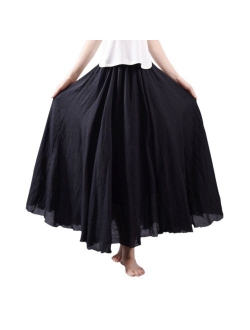 Ezcosplay Women Bohemian Cotton Linen Double Layer Elastic Waist Long Maxi Skirt