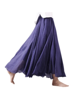 Ezcosplay Women Bohemian Cotton Linen Double Layer Elastic Waist Long Maxi Skirt