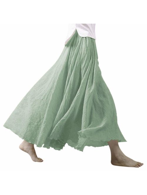 Ezcosplay Women Bohemian Cotton Linen Double Layer Elastic Waist Long Maxi Skirt