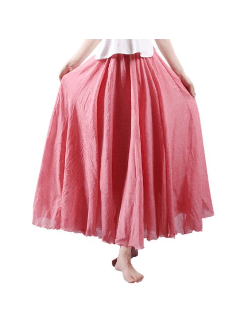 Ezcosplay Women Bohemian Cotton Linen Double Layer Elastic Waist Long Maxi Skirt