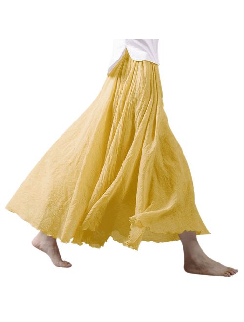 Ezcosplay Women Bohemian Cotton Linen Double Layer Elastic Waist Long Maxi Skirt