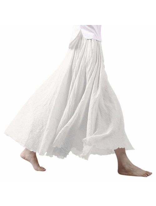 Ezcosplay Women Bohemian Cotton Linen Double Layer Elastic Waist Long Maxi Skirt