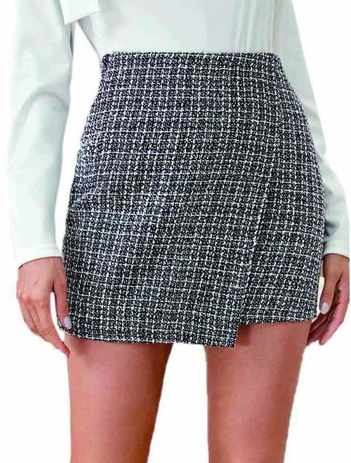 WDIRARA Women's Mid Waist Above Knee A-Line Tweed Mini Short Plaid Skirt