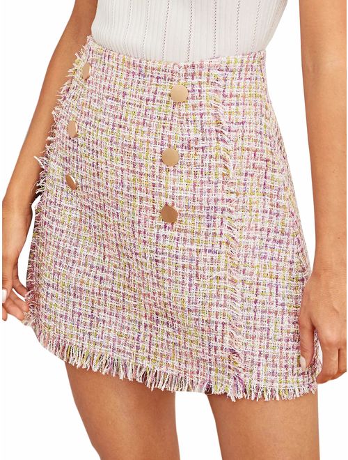 WDIRARA Women's Mid Waist Above Knee A-Line Tweed Mini Short Plaid Skirt