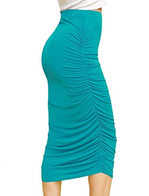 Made By Johnny Women's High Waist Bodycon Slim Fit Ruched Frill Ruffle Midi Long Pencil Skirt - Made in USA