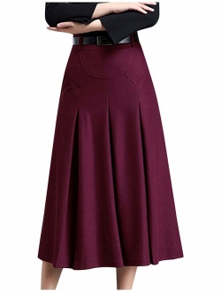 Tanming Womens Winter High Waist A-Line Inverted Pleat Wool Long Skirt with Belt Loops