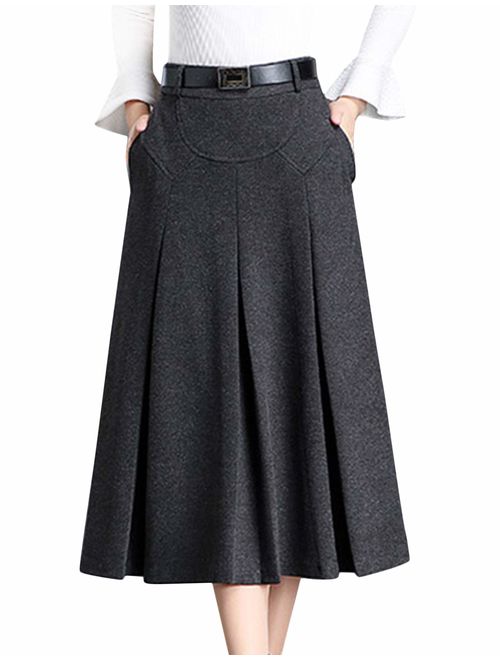 Tanming Womens Winter High Waist A-Line Inverted Pleat Wool Long Skirt with Belt Loops