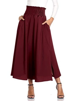 Calvin&Sally Women's Casual Flowy Dress High Waist Pleated Midi Skirt with Pockets