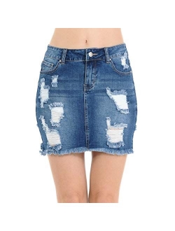 Wax Women's Juniors Casual Distressed A-Line Denim Short Skirt