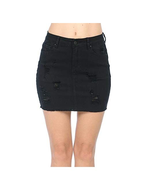 Wax Women's Juniors Casual Distressed A-Line Denim Short Skirt