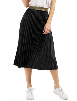 CHARTOU Womens Elastic-Waist Accordion Plisse Pleated Metallic Long Party Skirt