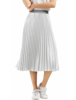 CHARTOU Womens Elastic-Waist Accordion Plisse Pleated Metallic Long Party Skirt