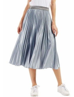 CHARTOU Womens Elastic-Waist Accordion Plisse Pleated Metallic Long Party Skirt