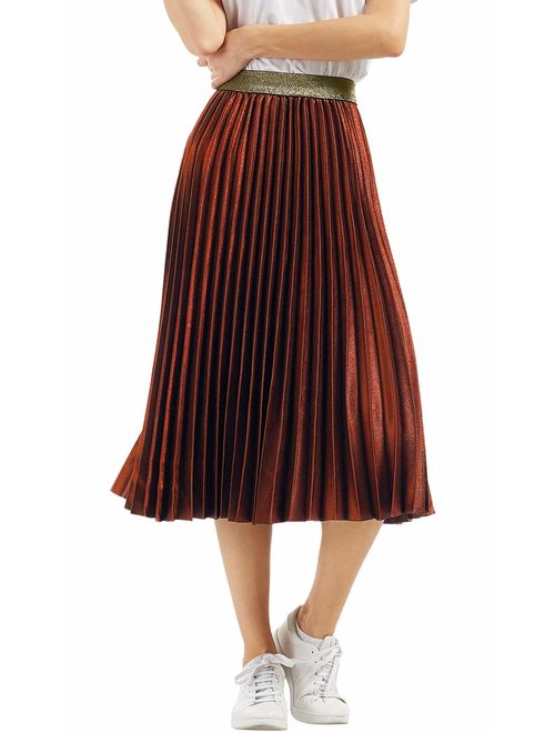 CHARTOU Womens Elastic-Waist Accordion Plisse Pleated Metallic Long Party Skirt