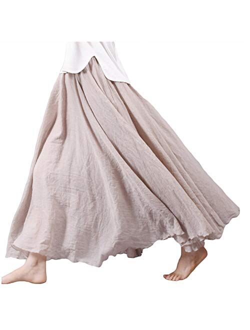 Asher Women's Bohemian Style Elastic Waist Band Cotton Linen Long Maxi Skirt Dress Waist 23.0