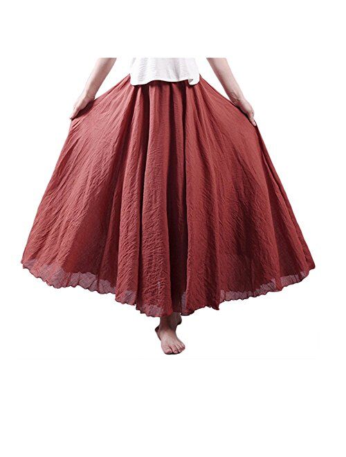 Asher Women's Bohemian Style Elastic Waist Band Cotton Linen Long Maxi Skirt Dress Waist 23.0